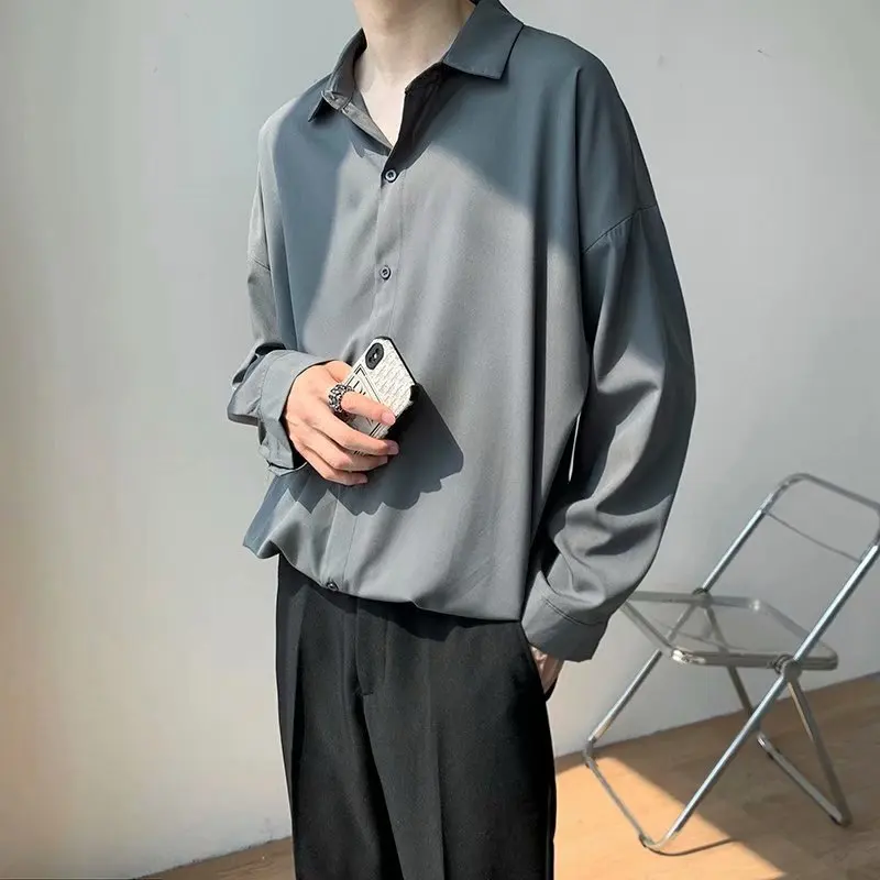 

Мужская одежда, весна-осень 2021, рубашка с длинным рукавом, Мужская Однотонная рубашка в стиле Ins, модный красивый Свободный Топ в Корейском с...