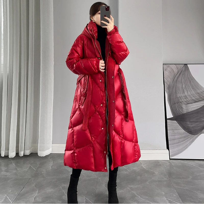 

White Hooded Down Jacket Women 2021 New Korean Winter Thick 90% White duck down Coat Red Windproof Warm Snow Outerwear Female