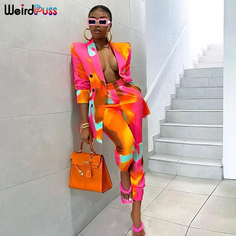 

Weird Puss Office Lady Two Piece Set Gradient Print Pocket Buttons Long Shirts+Harem Pants Casual Street Matching Suit Outfits