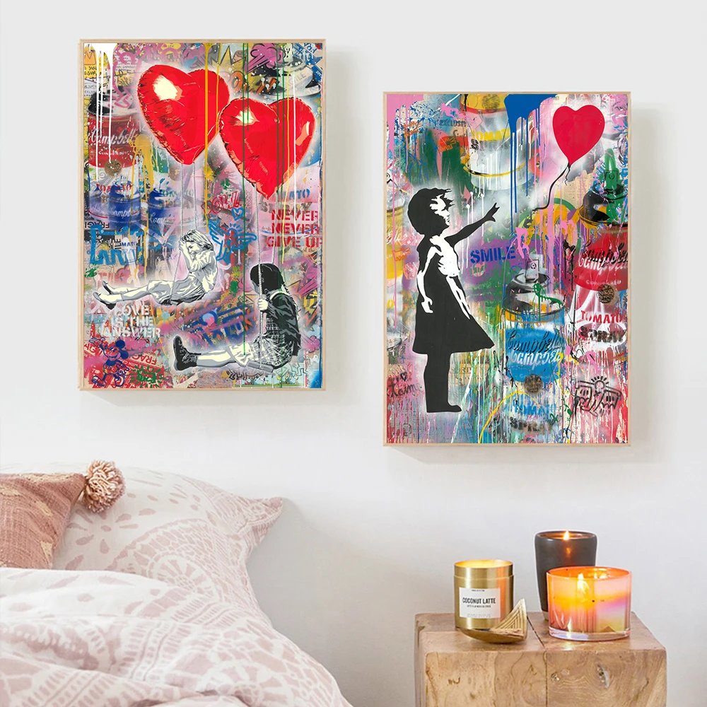 

Girl Chasing Love Balloon Play On Swing Street Graffiti Art Canvas Print Painting Wall Picture Living Home Decoration Poster