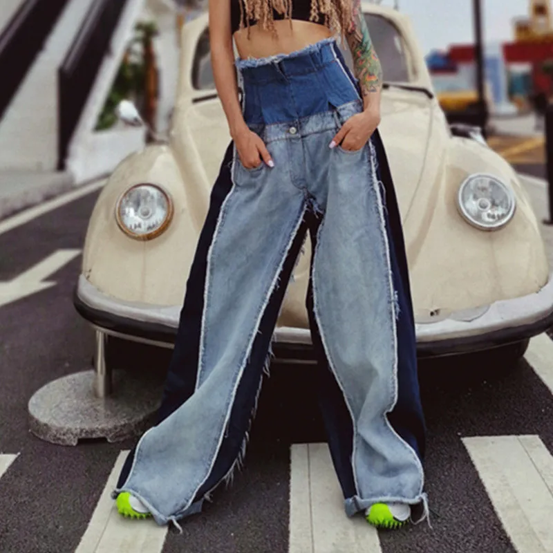 

Джинсовые брюки в стиле пэчворк, женские брюки популярных цветов с высокой талией, широкие брюки большого размера, Женская мода 2021, осень