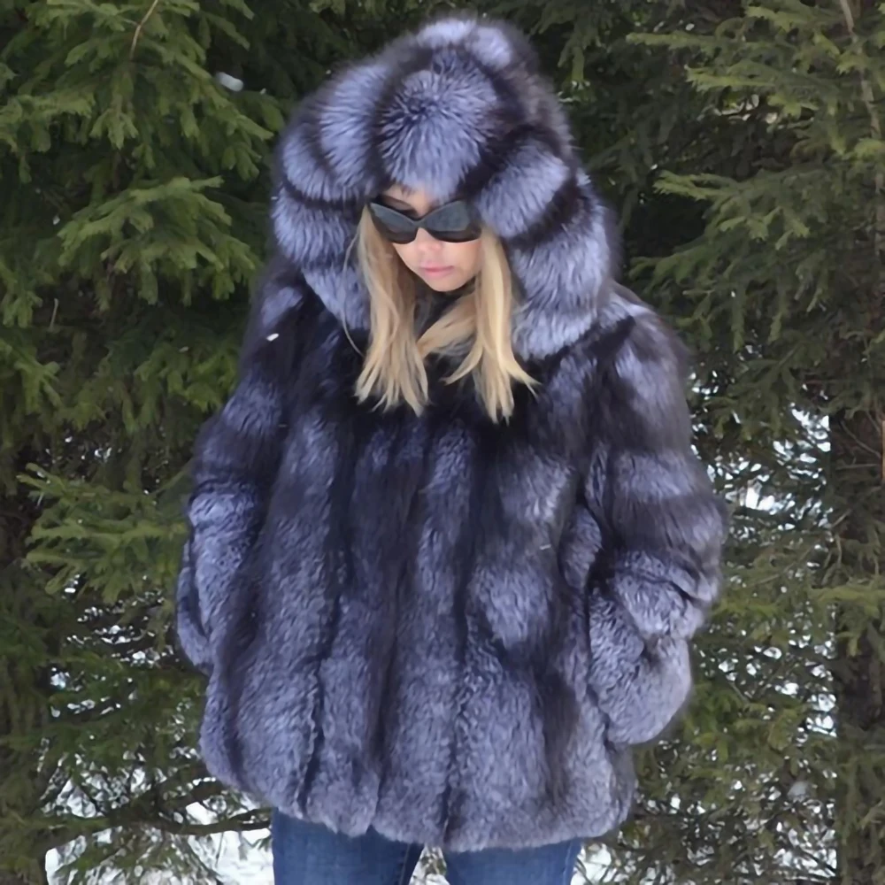 TOPFUR NEW Real Fur Coat Women Luxury  Winter thick Fur Jacket With Fur Hood High Quality Fashion Natural Silver Fox Fur Coat