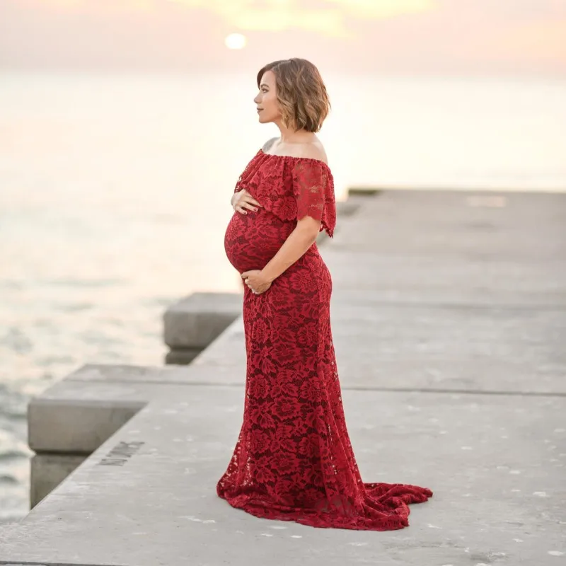 Платья для беременных кружевное платье с вырезом лодочкой открытыми плечами