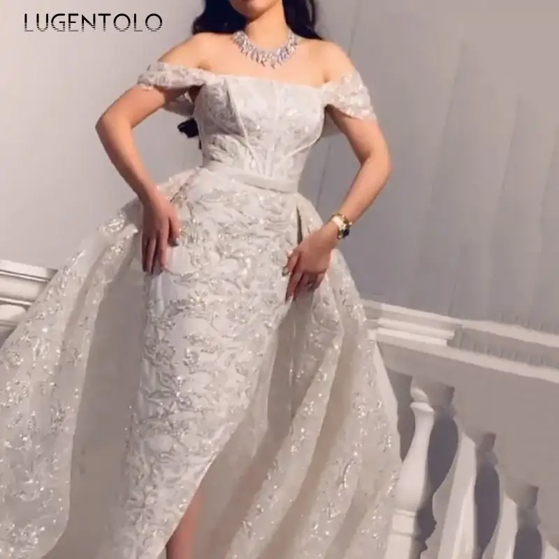 

Women Party Dress Slim-fit Sequins Big Swing Dinner Dresses Sexy White Short Sleeve Lady Maxi Dress Lugentolo