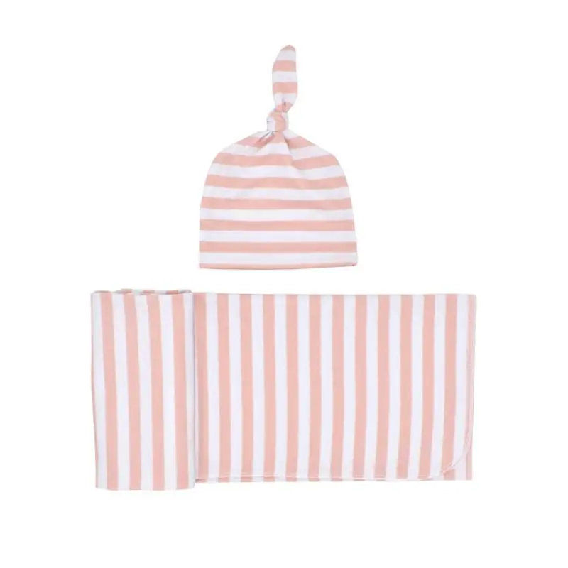Новорожденный искусственный хлопок пеленать с детской шапочкой набор Полосатое