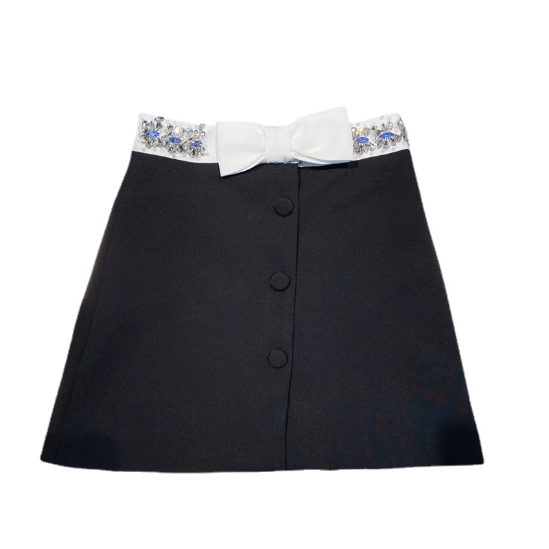 

Women's Skirts 2021 Summer New European Ins Style Rhinestone Bow High Waist A-Line Mini Skirt Femme White Black Nancylim