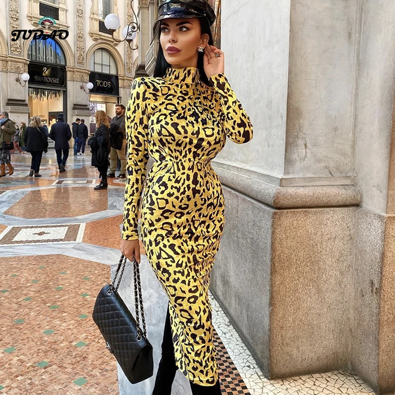 Leopard midi dress velvet long sleeve yellow turtleneck bodycon going out dinner for women office sexy elegant party club | Женская
