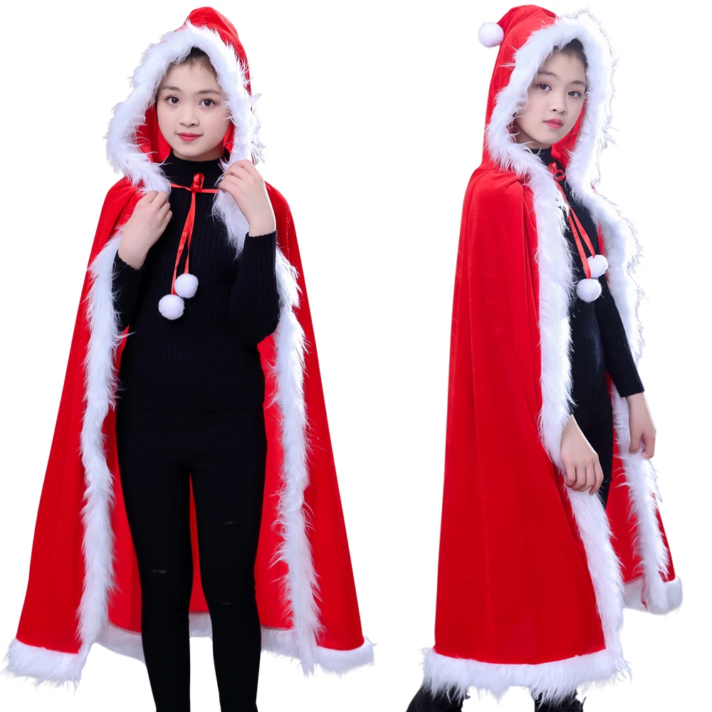 

Christmas Cloak With Hat Christmas Santa Cape Large Red Gold Velvet Hooded Cloak Cosplay Kids Girl Shawl Windbreaker
