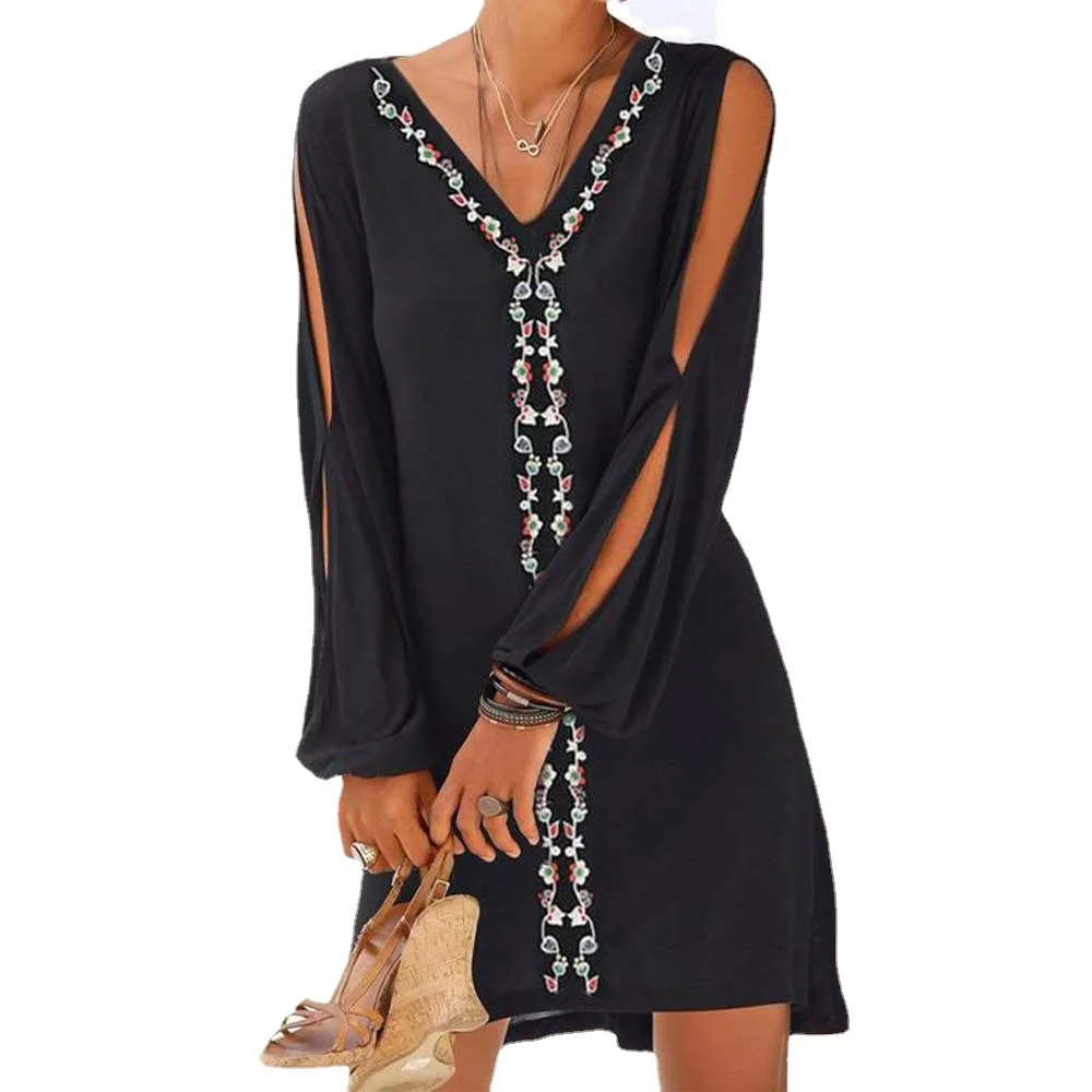 

Women's chiffon Flower dress Long Sleeve Loose V Neck Dress Fashion High Quality Hollow Out Lady Summer Dress