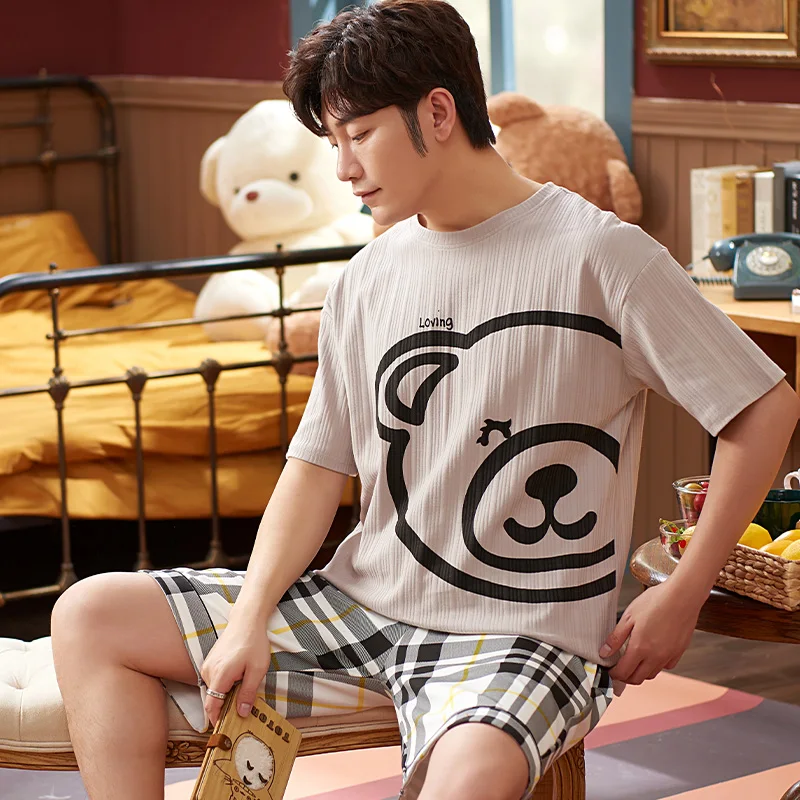 

Summer Couples Pajamas Women Men Kawaii Bear Cartoon Sleepwear Loose Plus Size O-Neck Short Sleeve Homewear Lovers Nightgowns