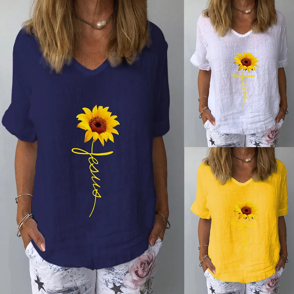 

Printing V-Neck Women T-Shirt Floral Linen Short Sleeves Elegant Summer Feamle Casual Loose Blouses Office Lady Plus Size Tops