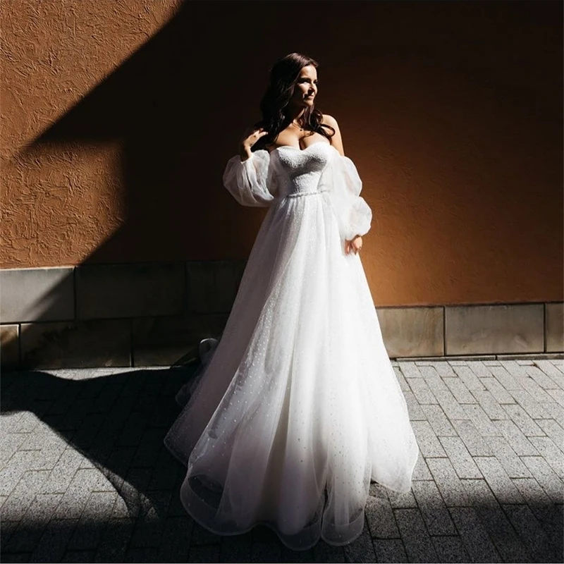 Elegant Wedding Dresses A-Line Sweetheart Puff Sleeves Tulle Snow Net Floor-length Lace Up Sashes Bridal Gowns Vestido De Novia