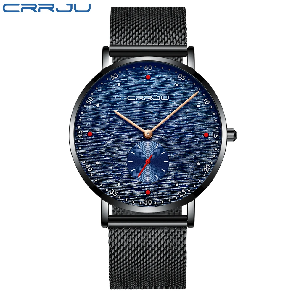 Black Blue CRRJU Watch Men Fashion Business Watches Men's Casual Waterproof Quartz Wristwatch Blue Steel Clock Relogio Masculino - Color: Black Blue