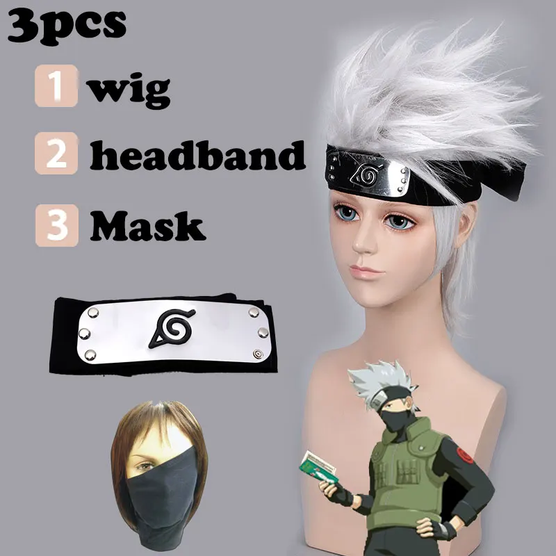 

3PCS Anime haruto Cosplay Wig /Headband/Mask Hatake Kakashi Short Layered Silver Grey Wig Heat Resistant Hair Cosplay Costume