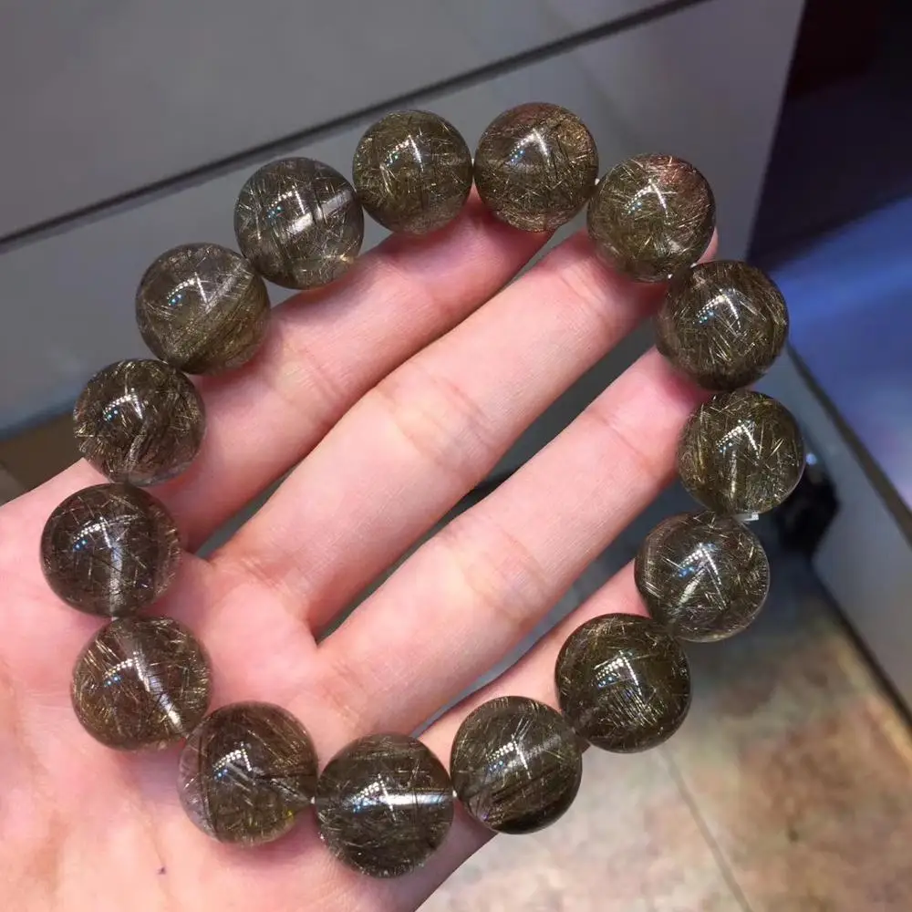 

15mm Top Natural Silver Hair Rutilated Quartz Bracelet For Woman Lady Man Crystal Brazil Round Beads Stone Stretch Jewelry AAAAA