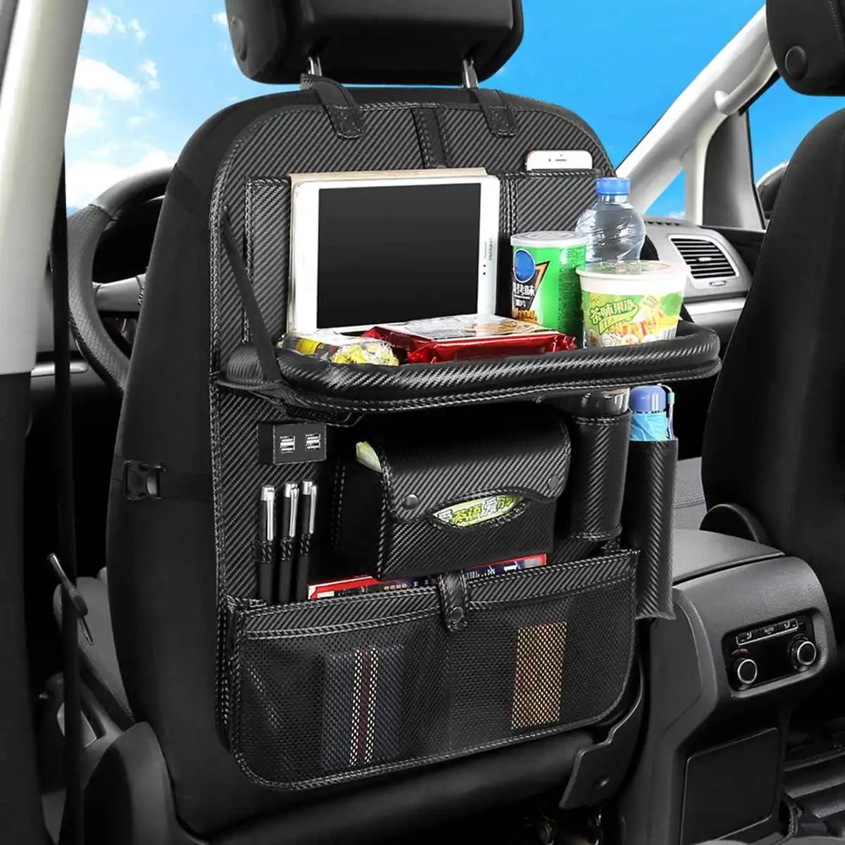 

With Table Tray 4x USB Charger Pu Leather Seat Back Storage Travel Multifunction Pocket Auto Accessories Car Bag Car Organizer