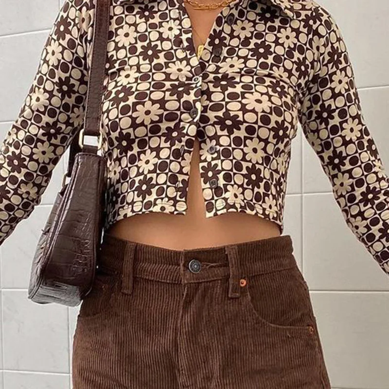 

Vintage 90s Floral Print Shirt Top Y2k Women Fashion Turn-Down Collar Crop Shirts Brown Blouses Long Sleeve Club Streetwear 2021