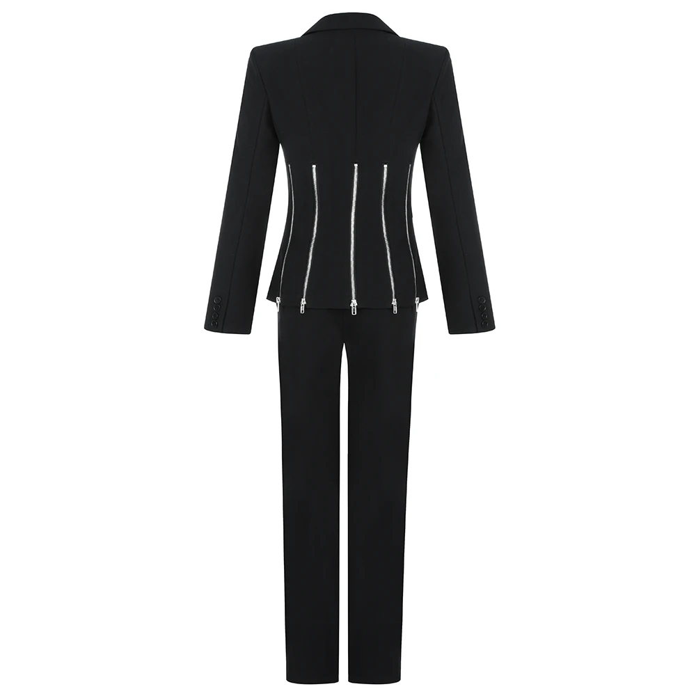 2021 Winter Female Black Jacket Top &amp Pants Two Piece Sets Zipper Split Long sleeve V-Neck Celebrity Night Party Woman Coat Suit |