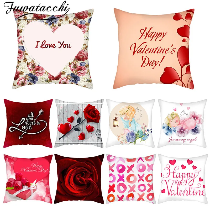 Чехол на подушку Fuwatacchi I Love You Words с красным цветком и сердечком принтом наволочка