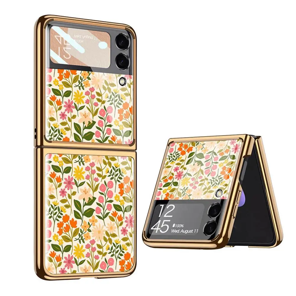 z flip 3 case for samsung galaxy z flip 3 5g glass painted phone case fashion floral back cover case for samsung phone fundas free global shipping