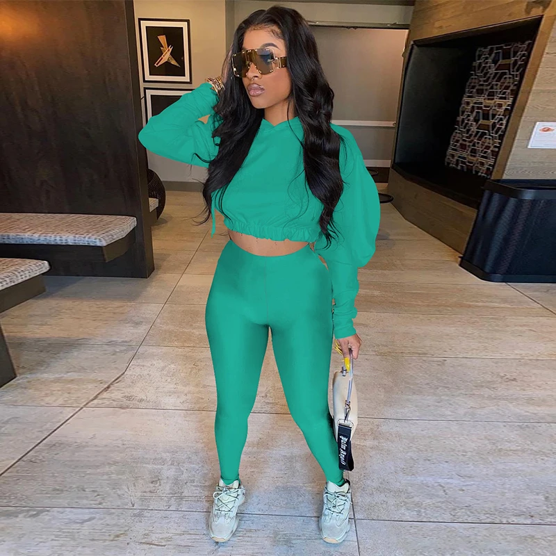

Solid Workout Two Piece Set Women Hooded Long Sleeve Short Hoodie and Bodycon Sweatpant Sporty Fashion Casual Activewear Outfits