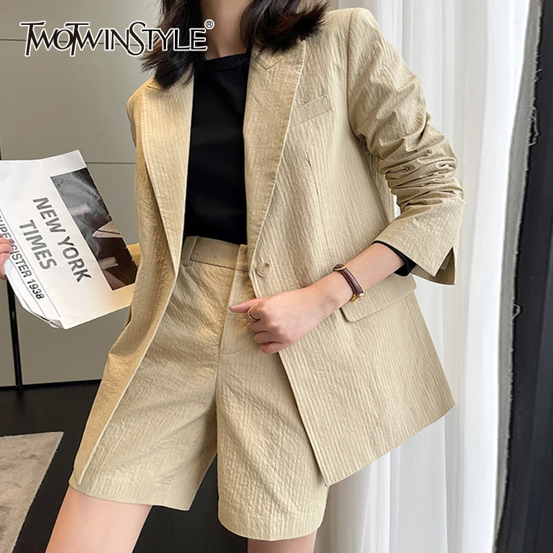 

TWOTWINSTYLE Casual Two Piece Sets For Female Lapel Collar Long Sleeve Coat With High Waist Shorts Women's Suit Fashion New