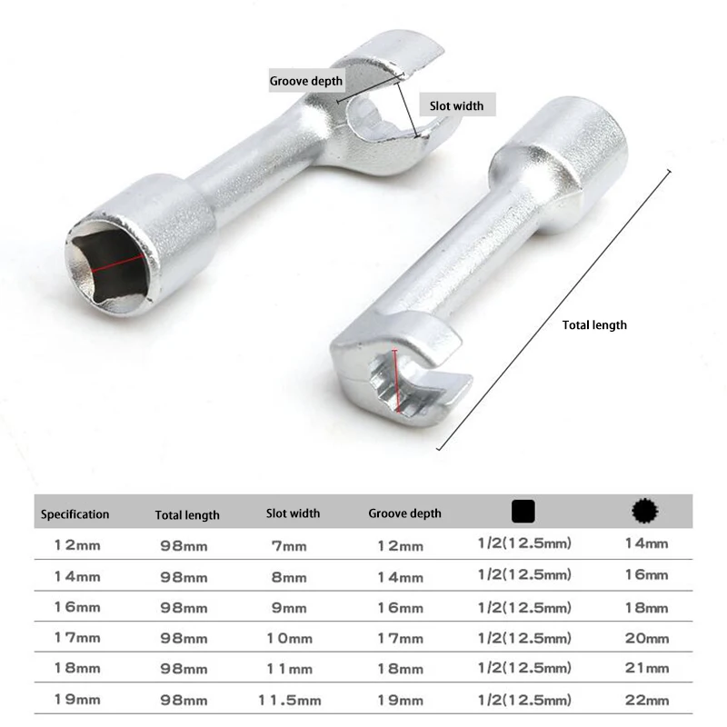 6 шт. насадок для инжекторов топлива с ключом L-образной формы открытого типа на 1/2" приводе и размерами 12, 14, 16, 17, 18 и 19 мм. Автосервисный инструмент.