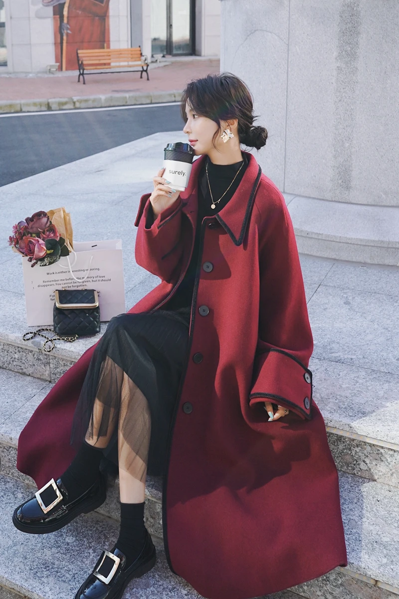 

2020 Autumn and Winter New Burgundy Woolen Coat Mid-Length Cotton Padded Thickened Cashmere Wool Coat Women