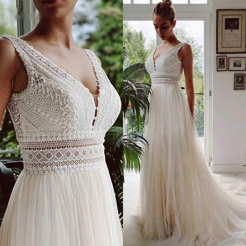 

Summer Bohemian Wedding Dress Long A Line Lace Tulle Bridal Gowns V Neck Sleeveless Boho Beach Vestidos Court Train