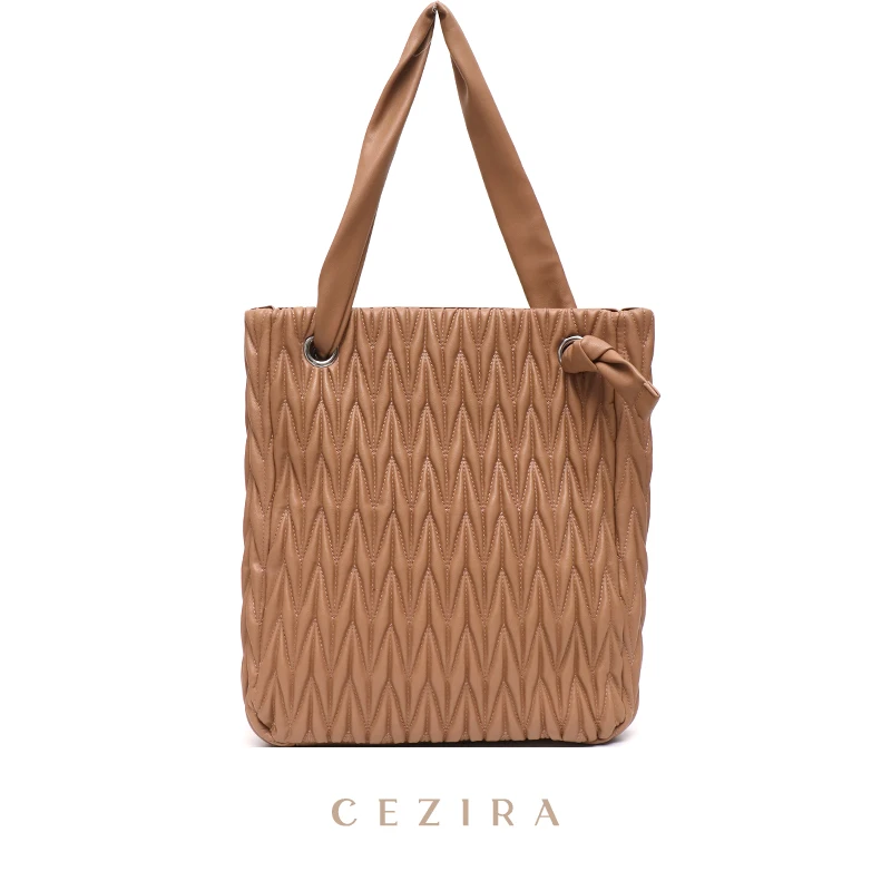 CEZIRA  Brand Design Quilted Thread Pleated Shoulder Bag Female Large Tall Basket Hobo Double Handle Shopping Bucket Handbags