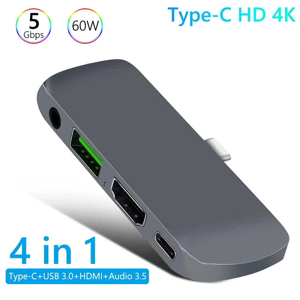 4 в 1 USB C-хаб с 3 0 60 Вт PD зарядка 5 мм аудиоразъем 4K HDMI-совместимый адаптер для iPad Pro 2018