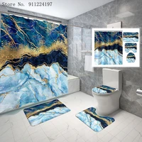modern art marble geometric printing waterproof shower curtains 4 piece bathroom set toilet lid cover toilet seat bath rug mat