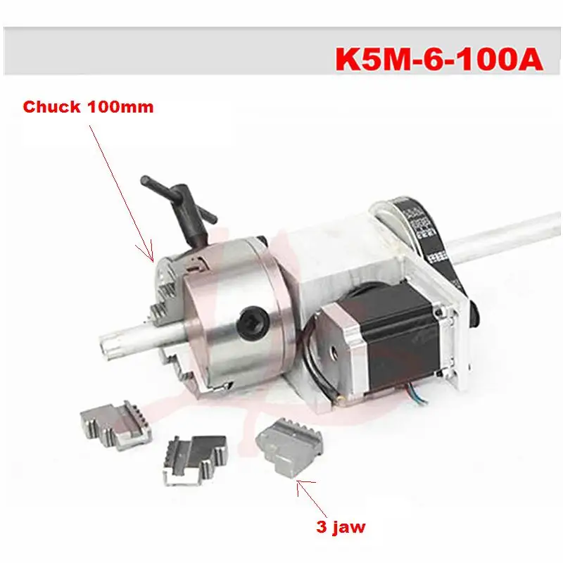 

CNC 4th axis ( A aixs, Rotary ) K5M-6-100A 100mm 3 jaw chuck for cnc router