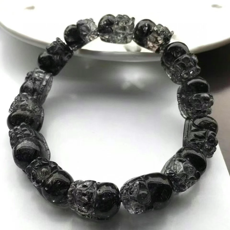 

Genuine Natural Black Rutilated Quartz Crystal Bracelet Clear Pi Xiu Carved Beads 15x10mm Stretch Women AAAAAA