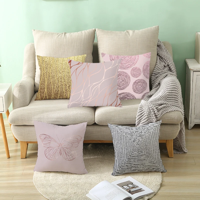 

Gold Leaves Print Peach Skin Pillowcase Nordic Modern Home Decor Abstract Decorative Cushions for Sofa Seat Throw Pillow Covers