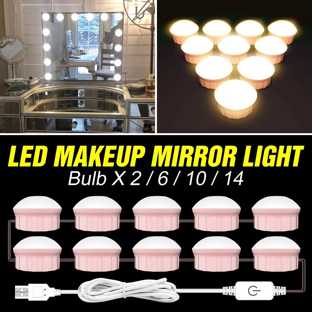 

Hollywood Dimmable Vanity Mirror Lamp Touch Dimming LED Makeup Light 2 6 10 14 Bulbs USB Cosmetic Lights For Indoor Decoration