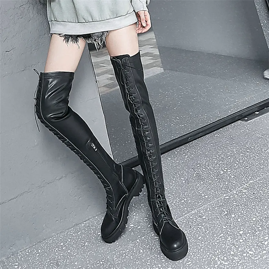 Thigh High Winter Oxfords Shoes Women Lace Up Strappy Over The Knee High Motorcycle Boots Female Long Shaft Fashion Sneakers