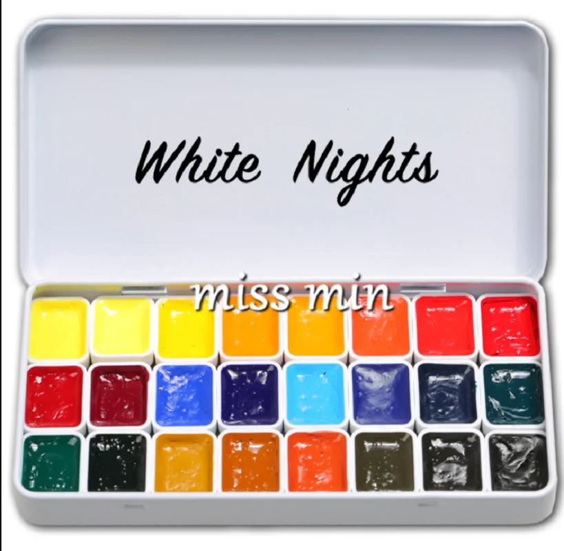 

Original Russian White Night Master-Grade 24 Color Watercolor Paint Set Trial Aliquot 0.8ml Mini Quarter Pans Acuarelas Ink