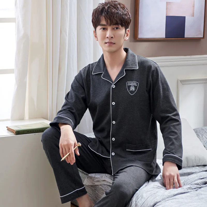 

Pajamas New Style Men'S Autumn Pure Cotton Korean-Style Cardigan Fold-Down Collar Cool Fashion Spring Tight Race Quality Home We
