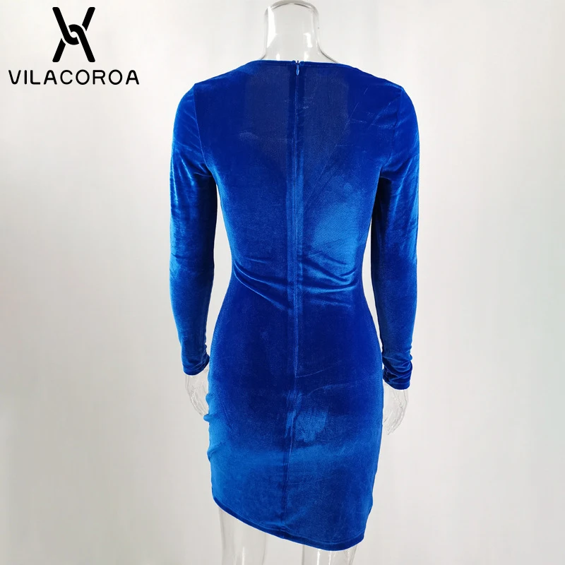 

V-Neck Long-Sleeve Blue Suede Women Party Dress Elegant Skinny Fishbone Cross Drape Mini Dresses Clubwear Sexy Female Dress