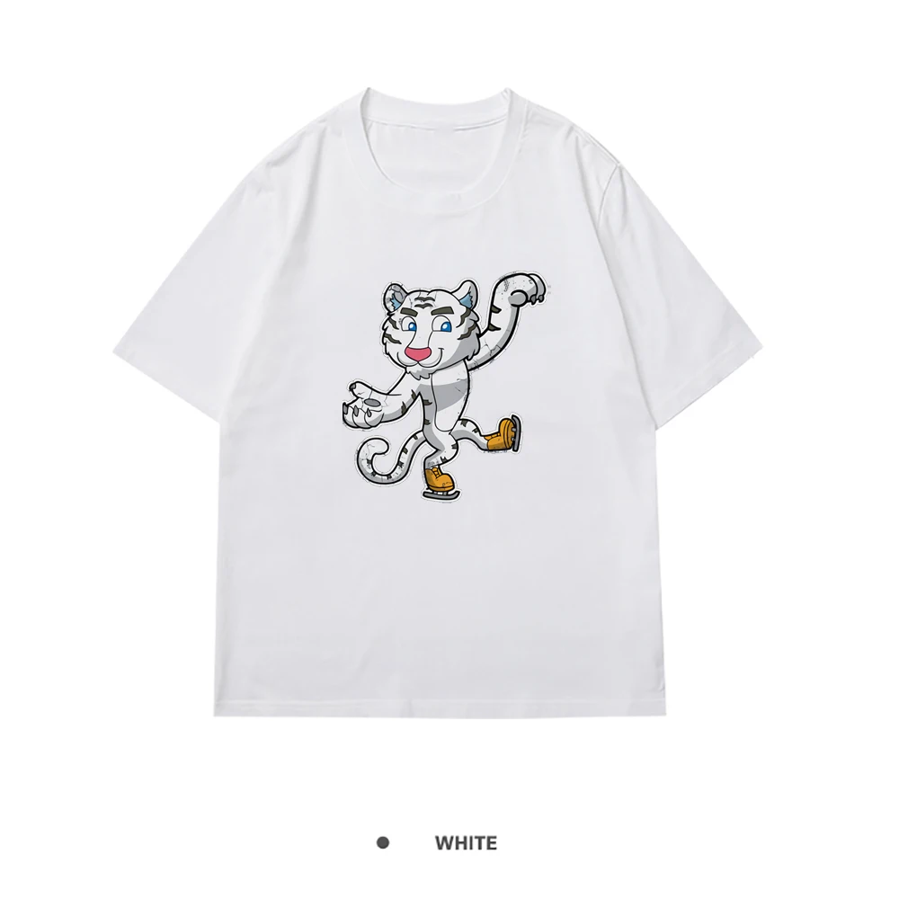 

Ice Skater White Tiger Print Women T Shirts Loose Temperament Tee Shirt Summer Simplicity Tops Retro High Quality Women T Shirt