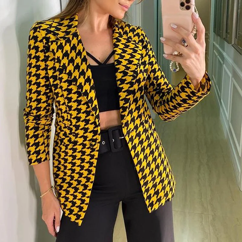 2022 Autumn New Women's Jacket Small Suit Houndstooth Suit Fashion Casual Lady Single Button Jacket Top Fall Jacket for Women