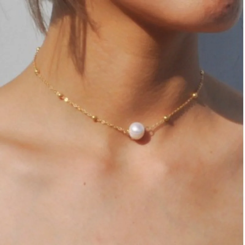 

Trendy Pearl Pendant Short Clavicle Chain Personalized Round Bead Necklace Women Jewelry Gift