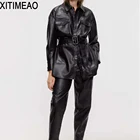 Xitimeao Женская мода 2021 искусственная кожа с поясом куртка пальто Винтажное с длинным рукавом боковые разрезы женская верхняя одежда шикарные топы