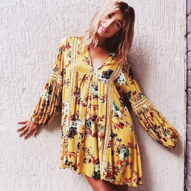 GypsyLady желтое платье с цветочным принтом для женщин повседневное осеннее длинными