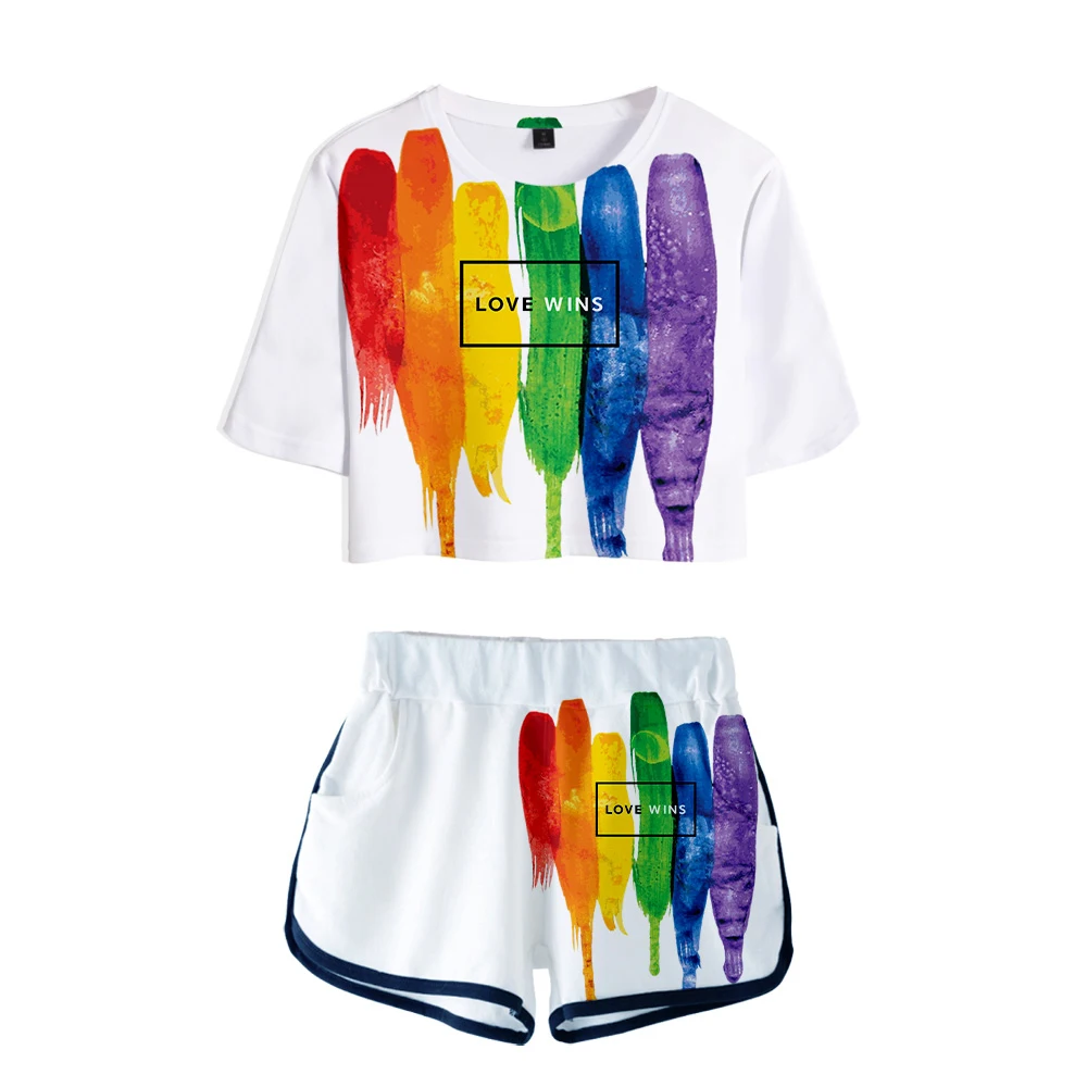 

Pride lovely Women's Set LOVE WINS Summer navel t shirt Two Piece Se +Short Pants Rainbow Print sets LGBT Flag Streetwear