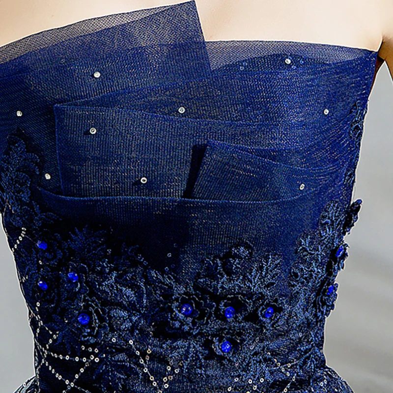 

Evening Dress Illusion Luxury Blue Tulle Sequined Crystal Embroidery Appliques A-Line Strapless Lace Formal Gown For Women TS461