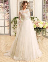 gorgeous long sleeve wedding dresses 2021 o neck lace a line tulle bridal gown applique wedding dress robe mariee