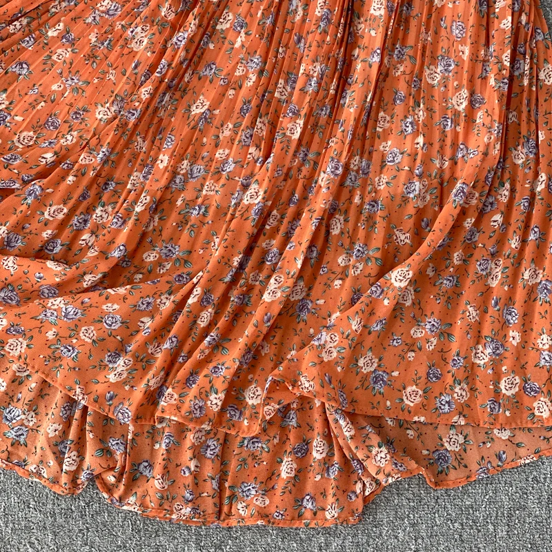 

Korean Vintage Floral Print Pleated Dress Women Spring Autumn Fashion Chiffon Pleated Dress Elegant Women Midi Dresses