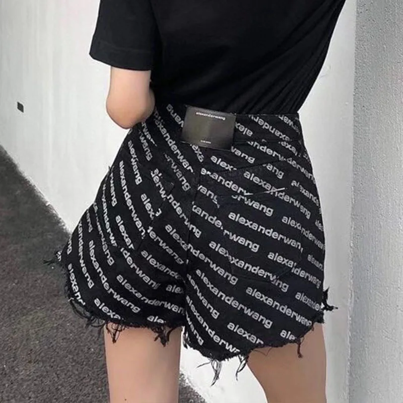 

AW Wang Logo Letter Printed Denim Shorts Women's High Waist Fringed Straight-leg Pants Trendy Woman Jeans